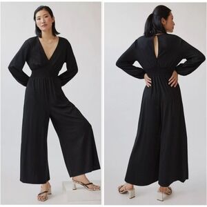 Anthropologie Hutch Black Jersey Knit Wide-Leg V-Neck Jumpsuit SMALL